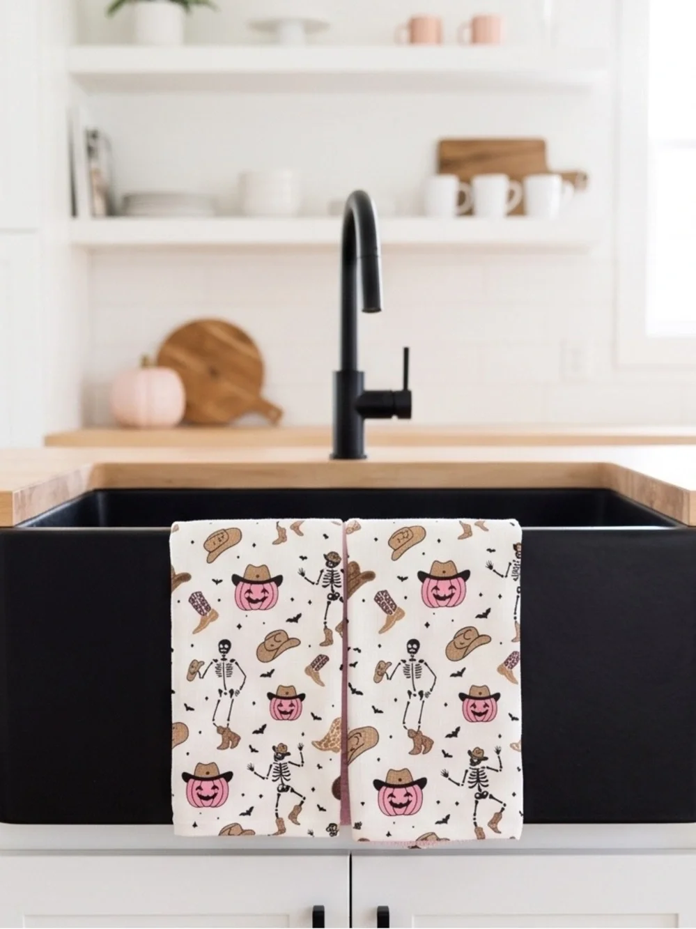 Halloween Cowboy Skeleton Cotton Tea Towel - White, Pink, Brown
